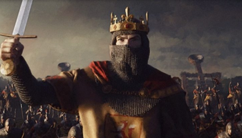 A painted-style image of a many wearing armour and a crown. He is holding a sword in the air and an army is behind him.